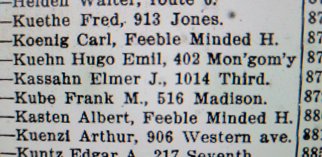Listing of Watertown residents, Carl Koenig and Albert Kasten, who were among those whose address was simply listed as the Feebleminded Home